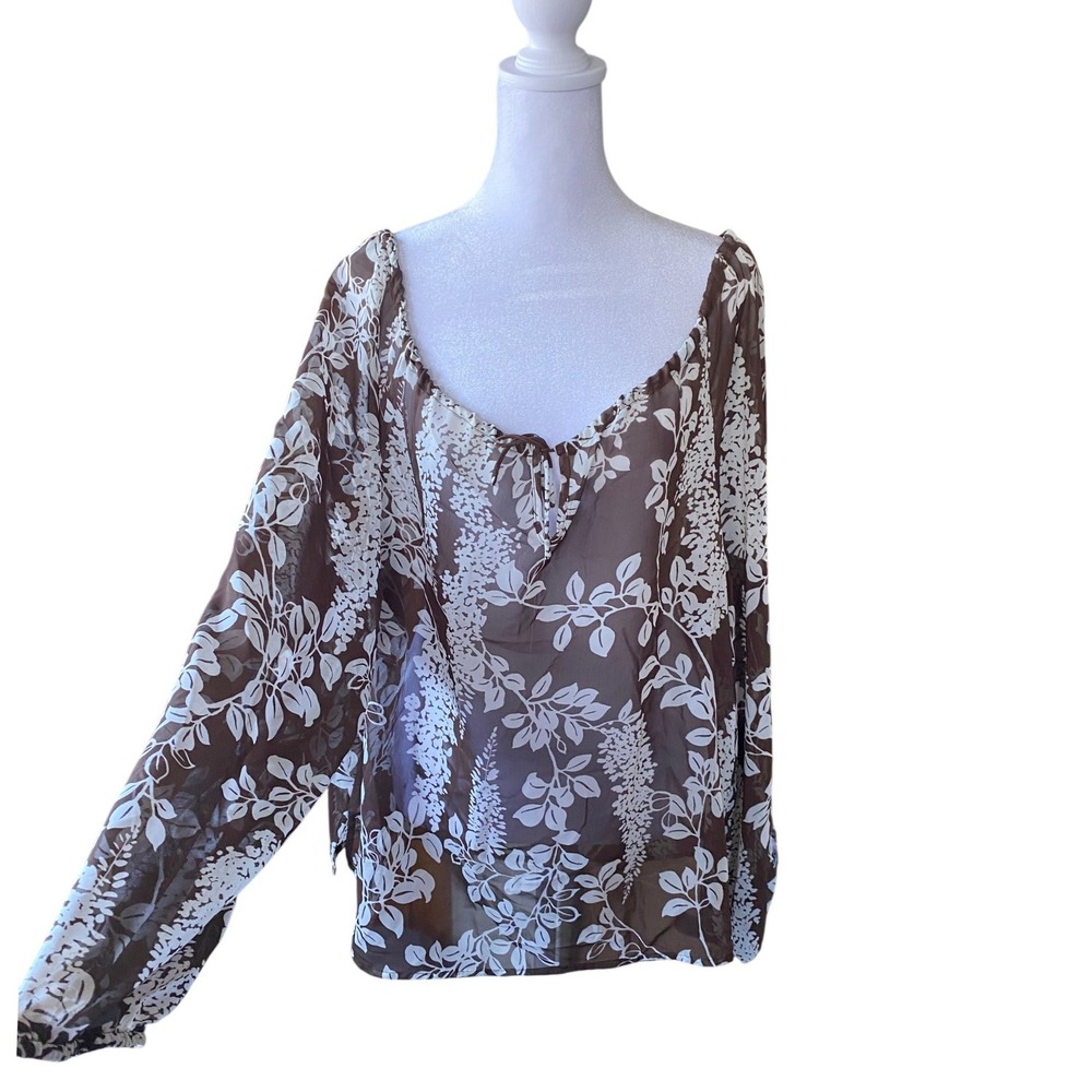 Sheer Floral Oversized Brown Peasant Blouse Top XL Boho Botanical Femme Romantic